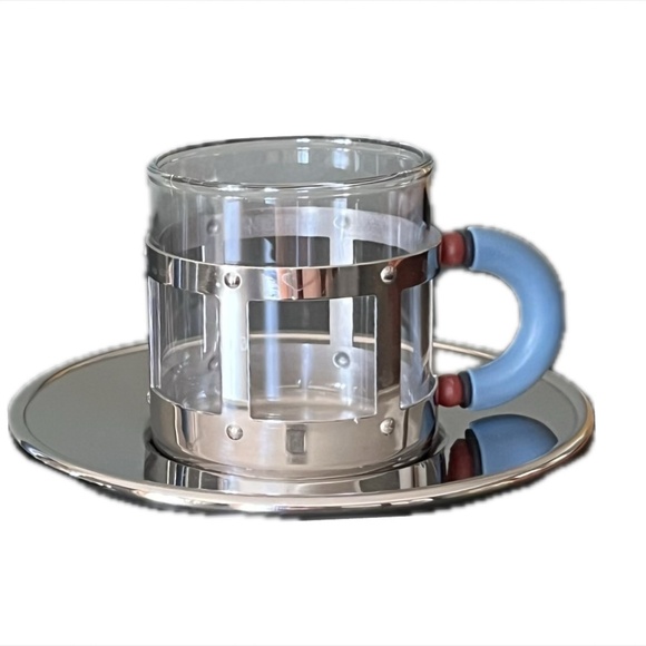 ALESSI Michael Graves Stainless Steel Glass Espresso Cup & Saucer SET Blue Red - Picture 4 of 4